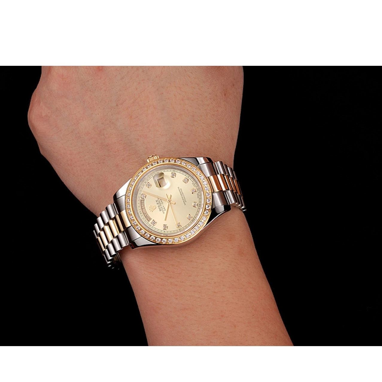 Aaa replica watch Rolex Tone Gold Dial Champagne Case Swiss 1453974 Diamond Day-Date Stainless Steel Two Bracelet 0520